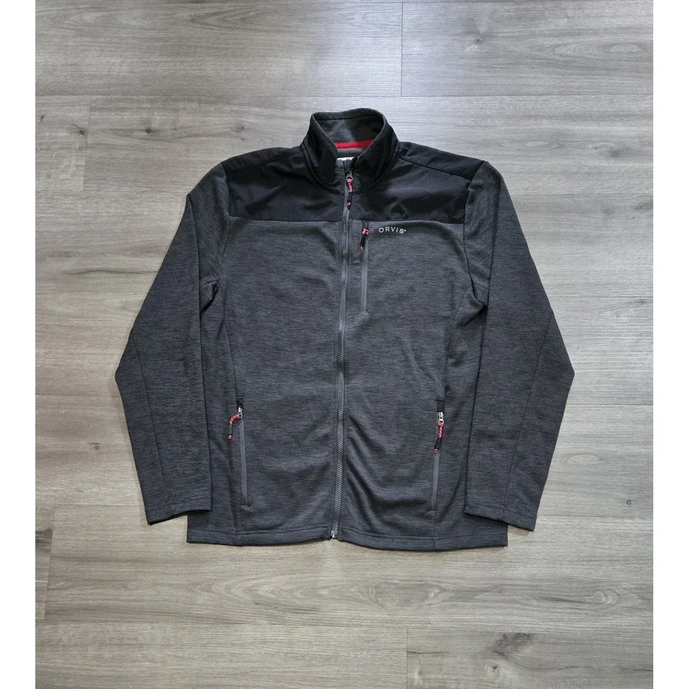 Mens ORVIS Gray Black Bonded Mesh Full Zip Fleece Casual Jacket Size Medium